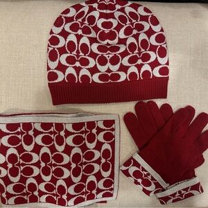 COACH Signature Women’s Beanie Hat, Scarf, and Gloves Red/Metallic Silver Set